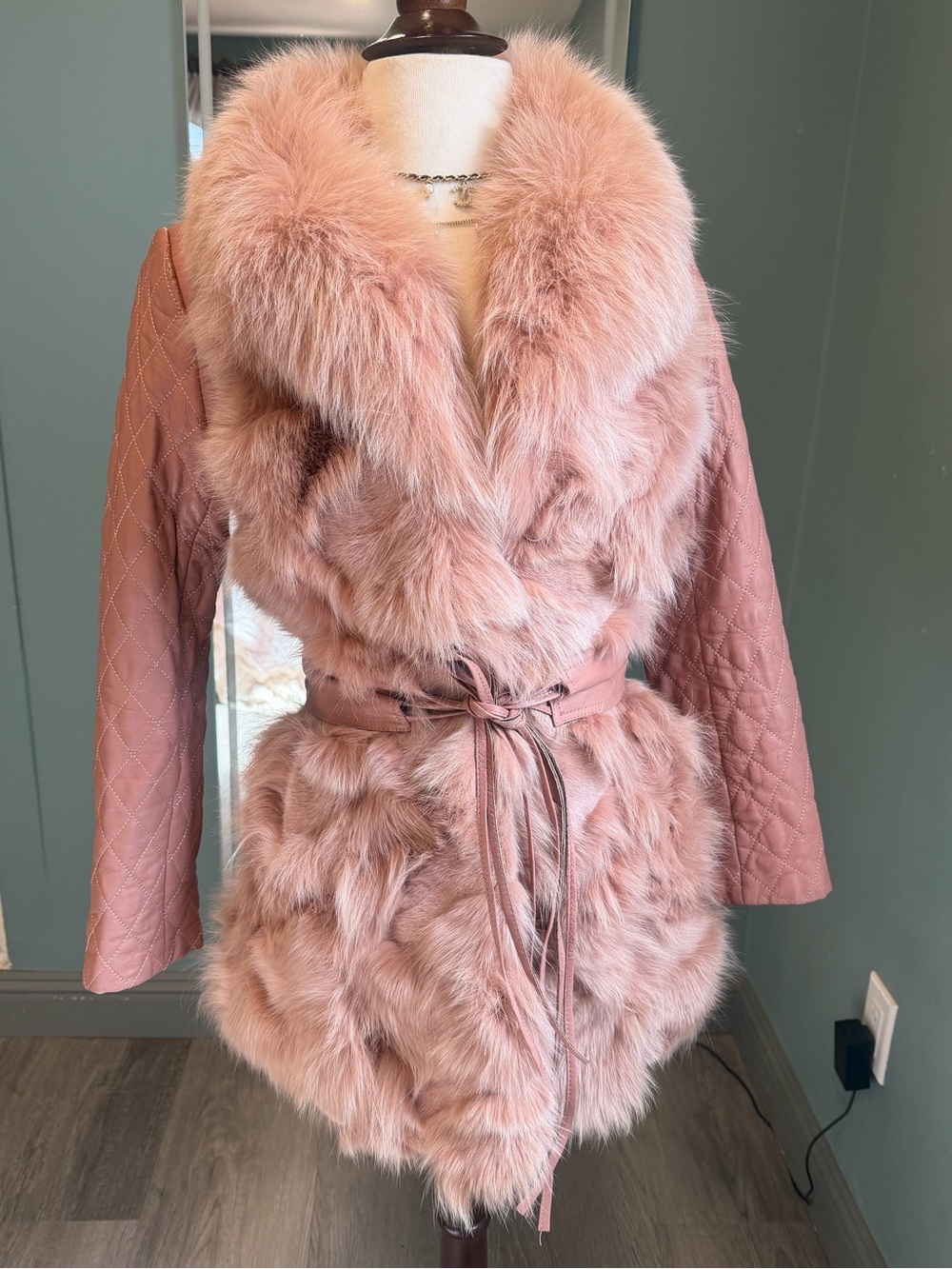 Vintage Genuine Fox Fur & Lamb Leather Coat Pink Belted Fur Coat